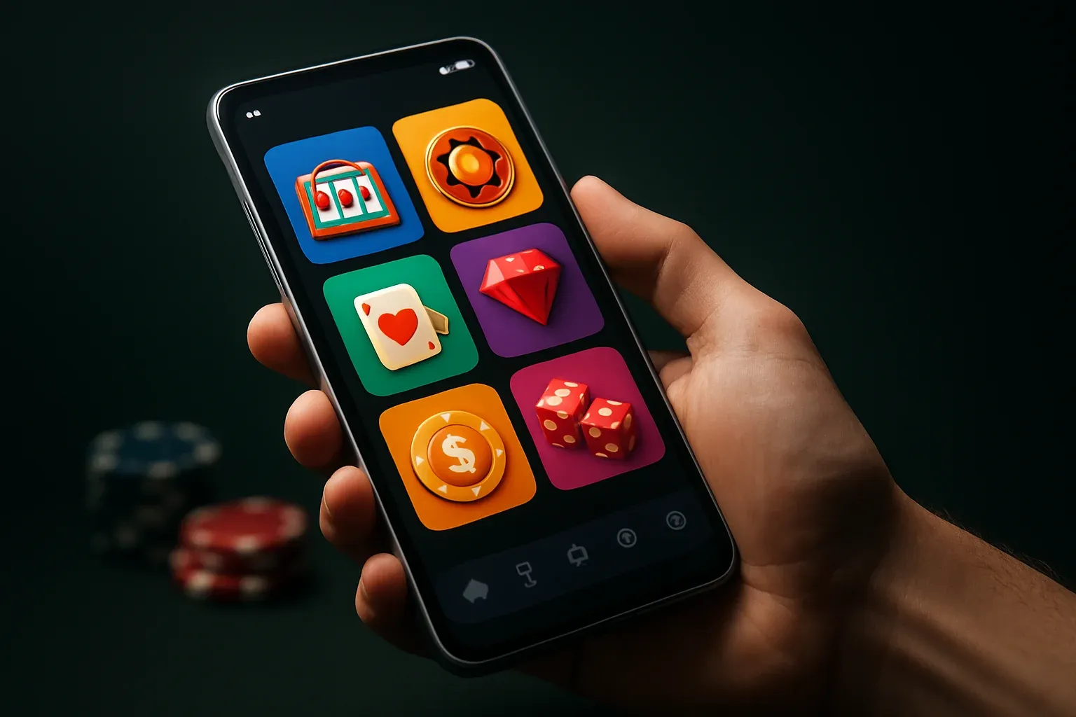 Hyperrealistic Android smartphone showing vivid casino app interface in dramatic lighting