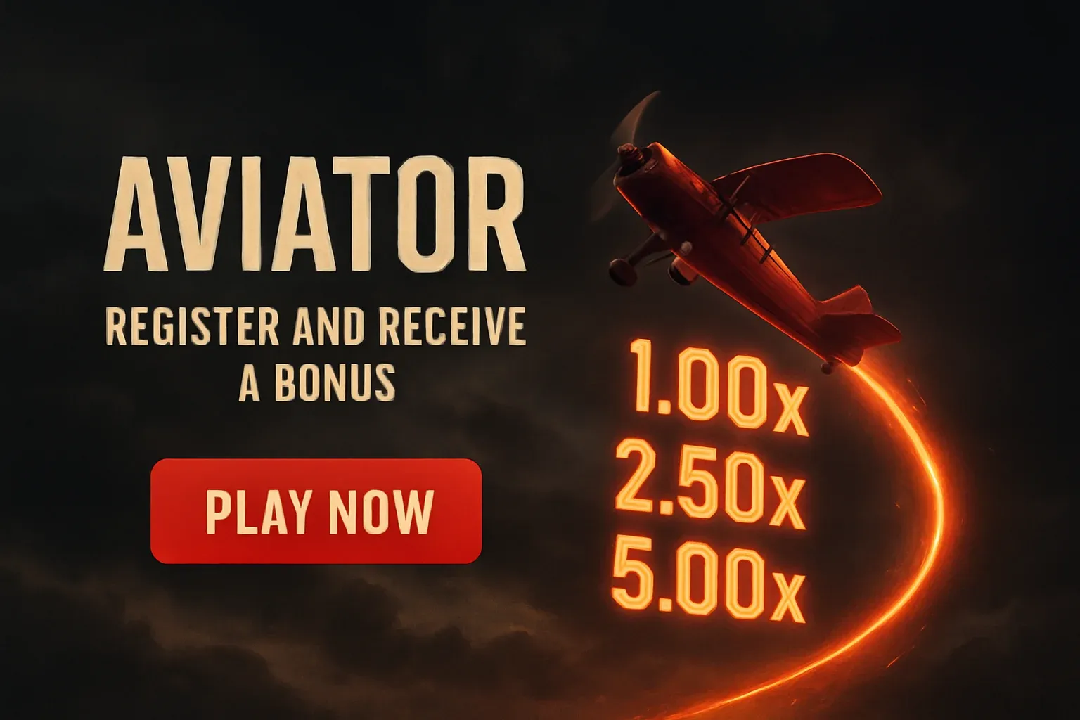 Aviator crash game banner with red plane, multipliers, and play button