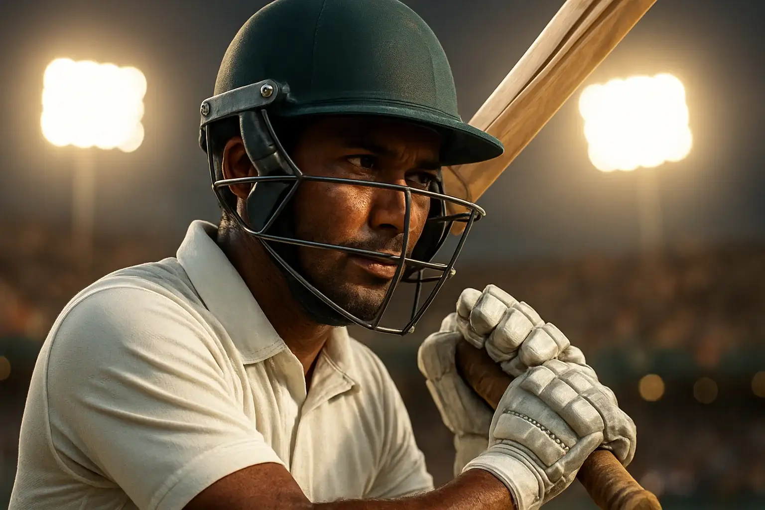 Bangladeshi male cricket batsman in white kit mid-swing under stadium lights