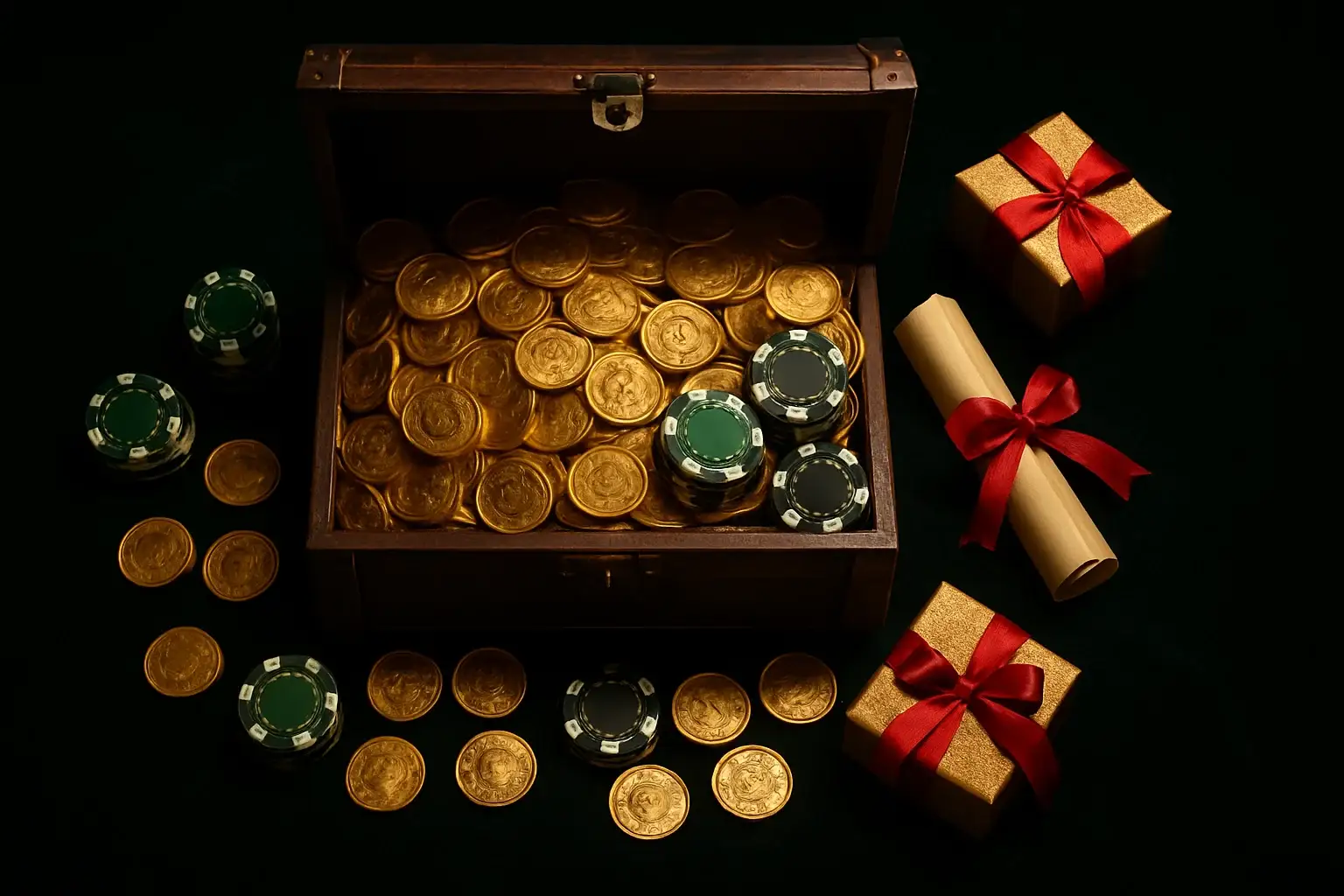 Overflowing treasure chest with coins, chips, vouchers, and glowing gift boxes