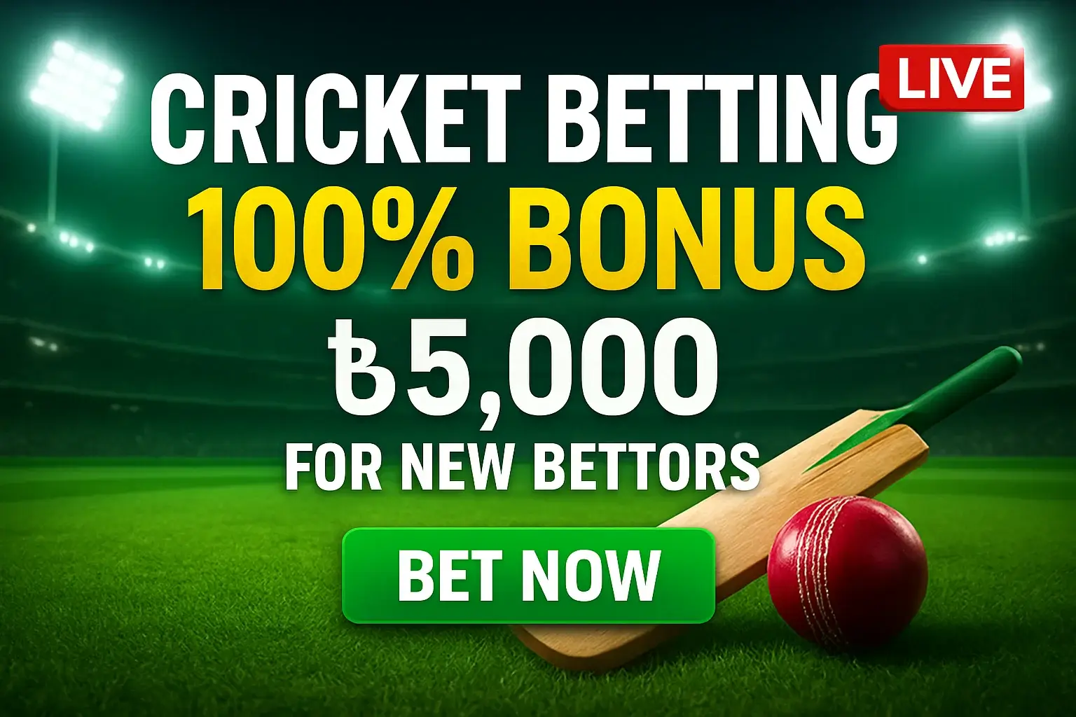 Cricket betting banner with bonus offer, bat, ball, stadium lights
