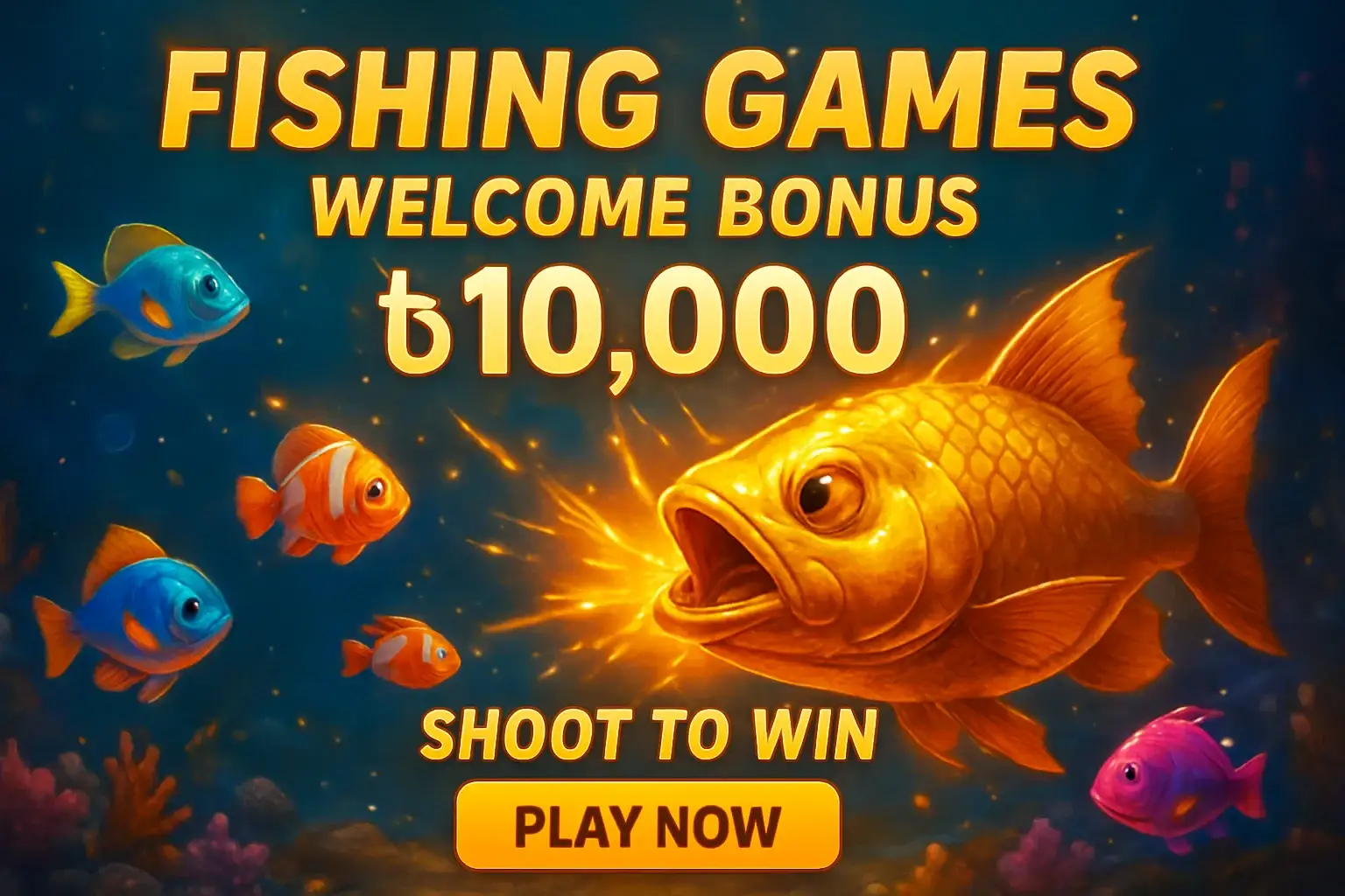 Underwater fishing games banner with boss fish, bonus offer, and play button