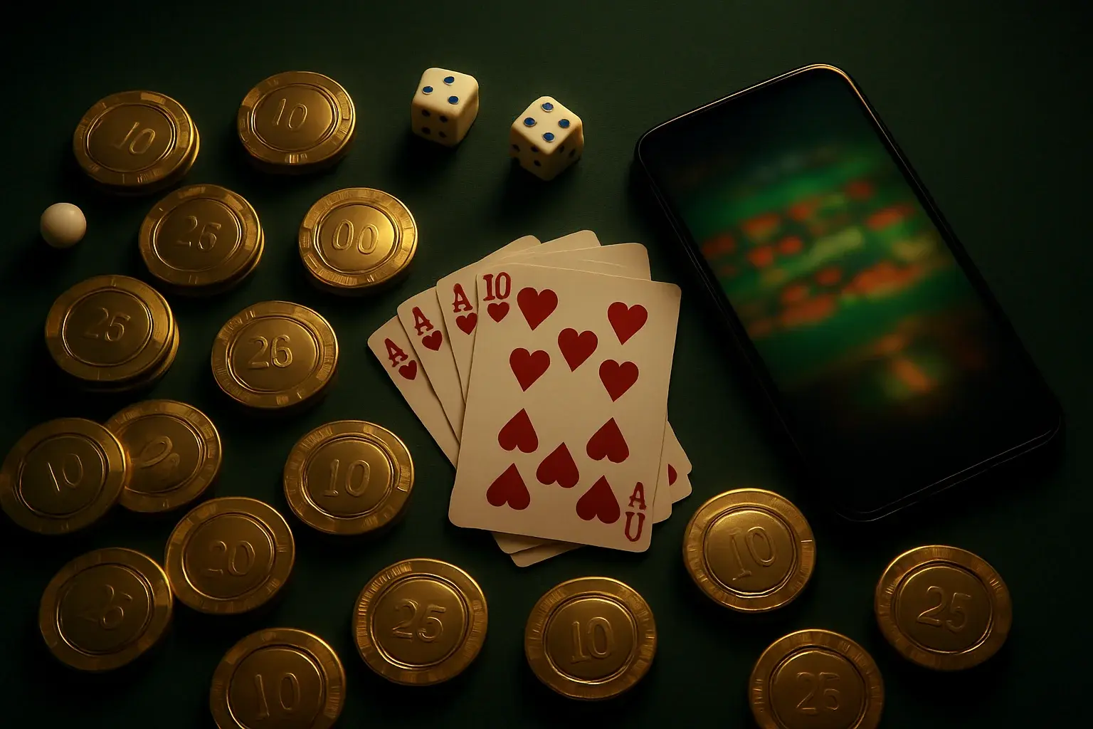 Top-down casino table with gold chips, cards, dice, roulette ball, smartphone