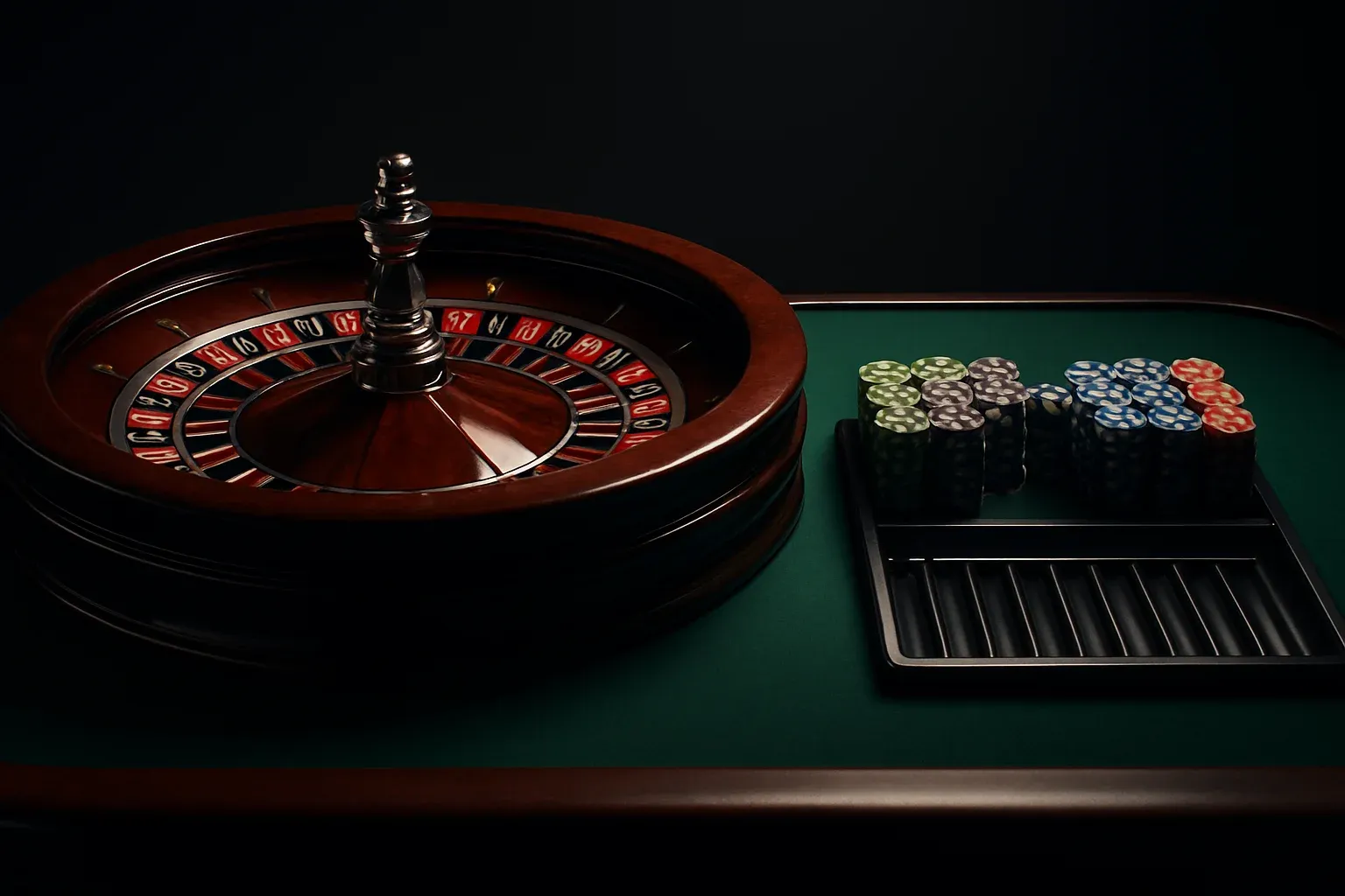 Hyperrealistic live casino studio with empty roulette table and dramatic lighting