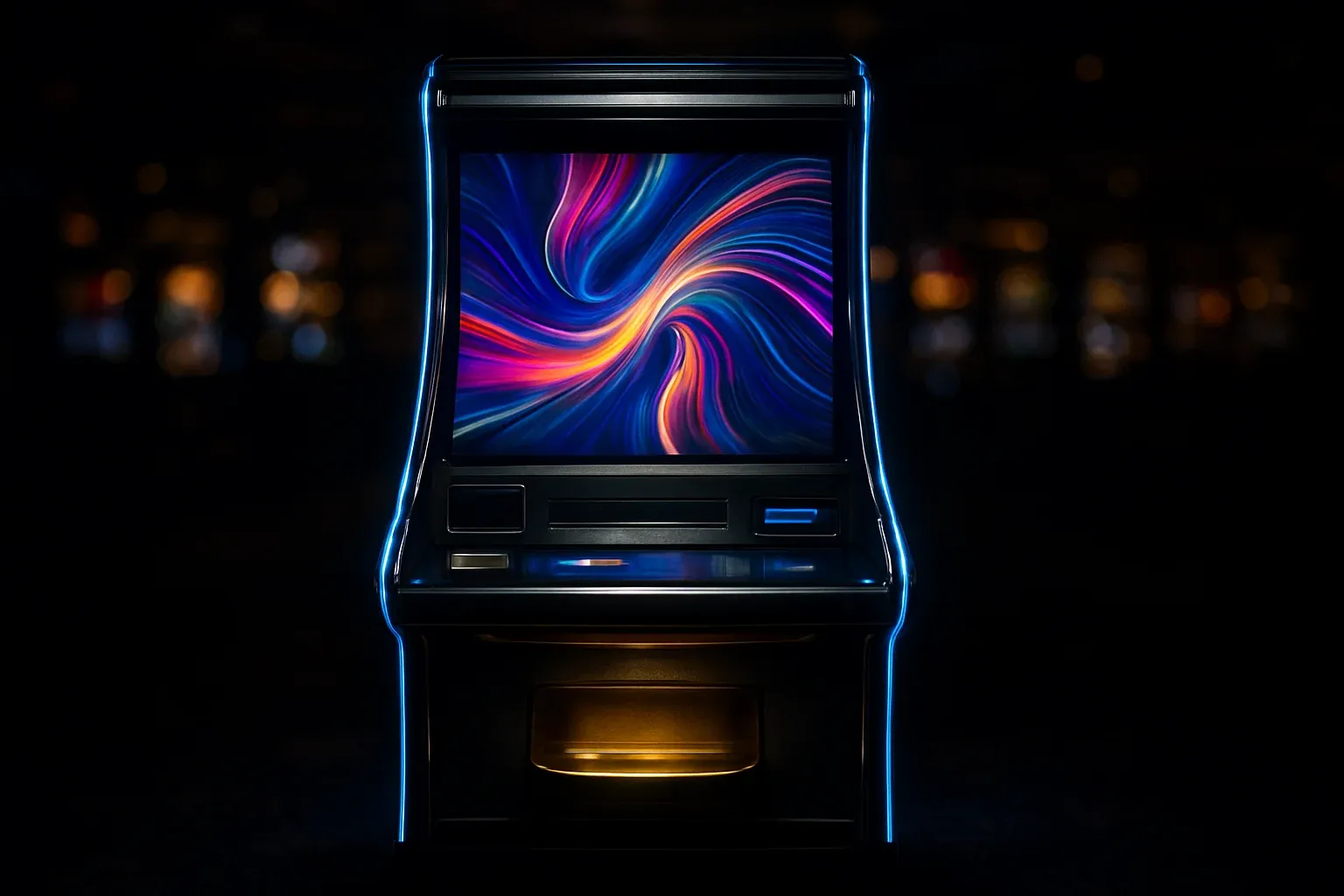 Premium slot machine glowing in dark luxury casino with neon lighting